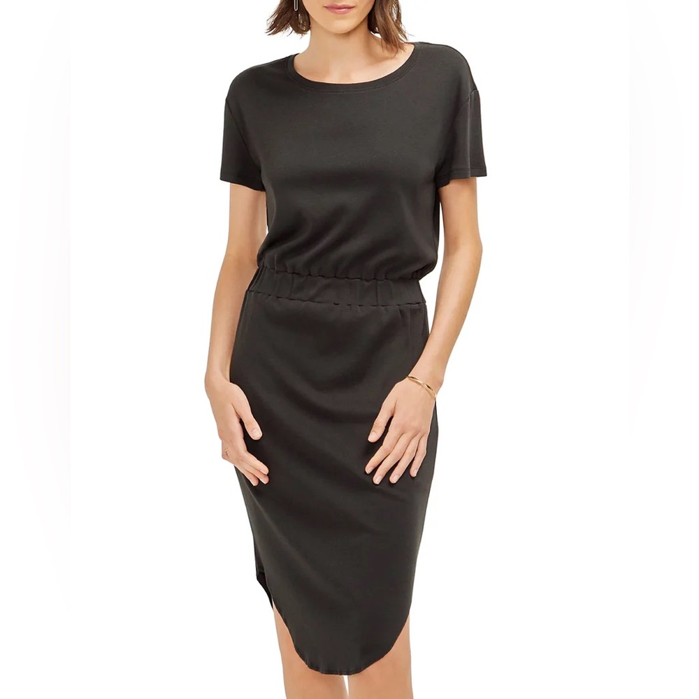 THREE DOTS Curved Hem Tee Dress L 22” p2p Black $128 Retail NWT